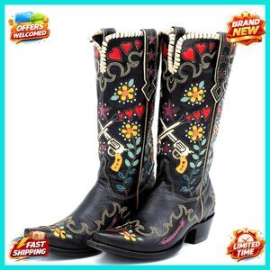 Western Cowgirl Boots Knee High Embroidered Floral Chunky Heel Pull On Wide Calf